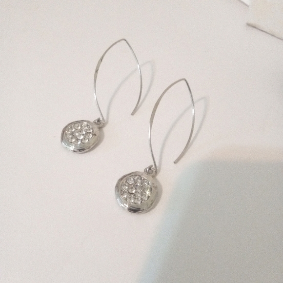 Fashion Earrings 2.5" Dangle Silver Tone Round Disk With Crystals/Rhinestones - Picture 2 of 5